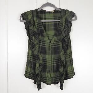 Alice and Olivia Blouse Womens SZ S Janet Side Ruffle Plaid Army Black V Neck